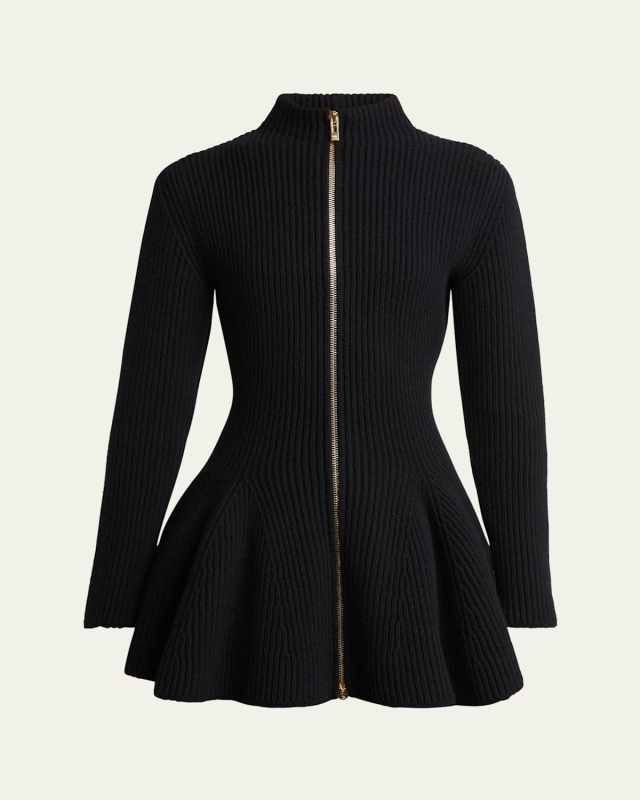 Peplum Zip-Up Wool Cashmere Cardigan